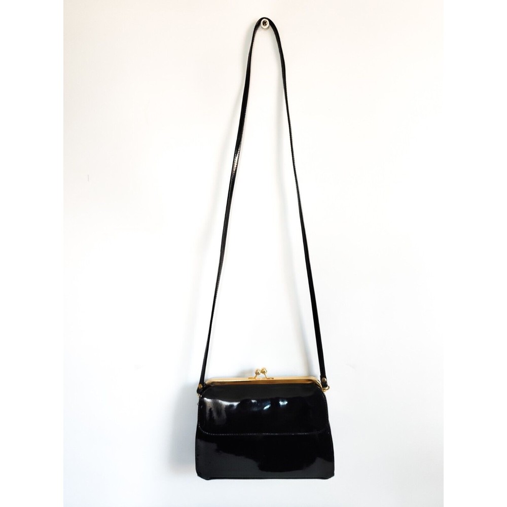 Black Patent Crossbody Bag with Gold Frame